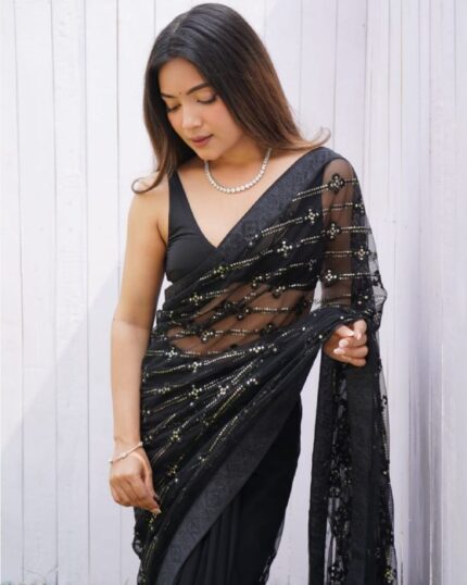 Beautiful Black Heavy Butterfly Net Sequence Work Saree With Blouse