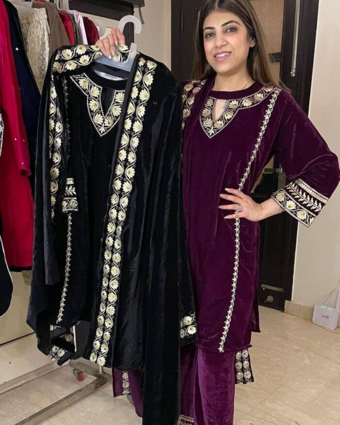 Beautiful Black Micro Velvet Lace Work Pakistani Suit With Dupatta