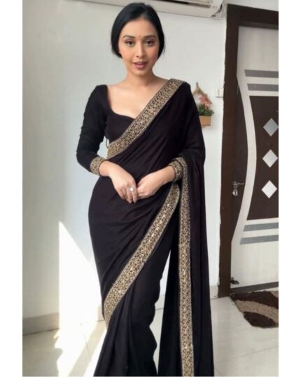 Beautiful Black Micro Velvet Lace Work Saree With Blouse