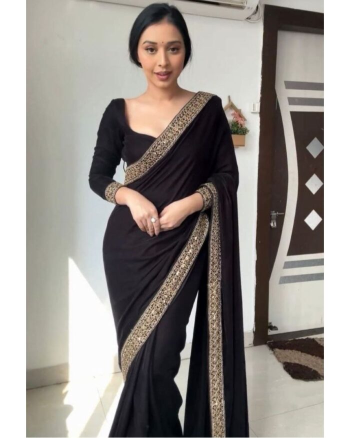 Beautiful Black Micro Velvet Lace Work Saree With Blouse