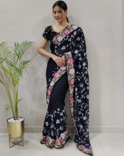 Beautiful Black Premium Georgette Embroidery Work Saree With Blouse
