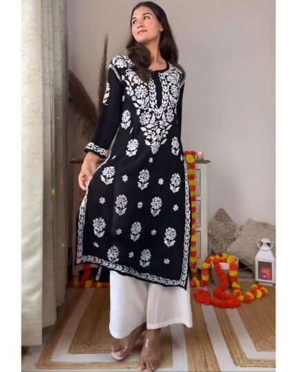 Beautiful Black Rayon Cotton Embroidery Work Palazo Suit
