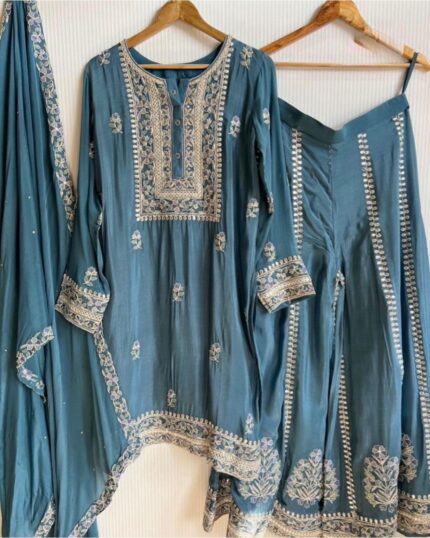 Beautiful Blue Chinon Silk With Fancy Embroidery Thread Work Sharara Suit With Dupatta