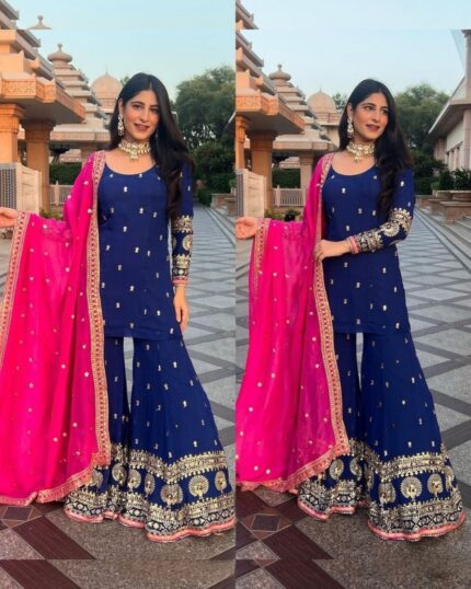 Beautiful Blue Faux Georgette Embroidery Work Embroidery Work Palazo Suit With Pink Dupatta