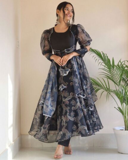 Beautiful Blue Grey Georgette Digital Printed Anarkali Suit With Dupatta