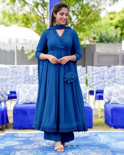 Beautiful Blue Heavy Georgette Gpo Lace Border Anarkali Suit With Dupatta