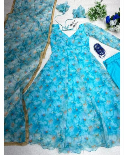 Beautiful Blue Printed Georgette Anarkali Suit With Dupatta