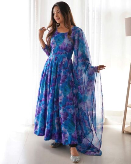 Beautiful Blue Pure Georgette Digital Print Work Anarkali Suit With Dupatta