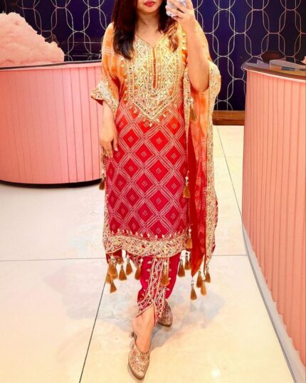 Beautiful Chinon Silk With Fancy Embroidery Thread Work Dhoti Suit With Dupatta