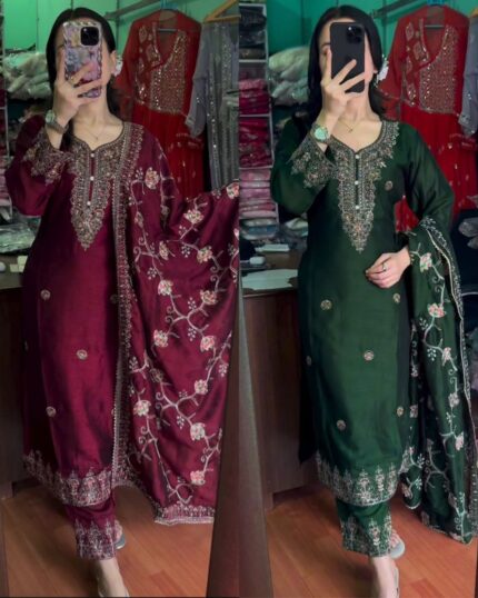 Beautiful Chinon Silk With Sequence Work Pant Suit With Dupatta
