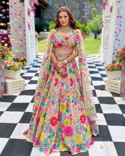 Beautiful Cream Taffeta Silk Multi Coloured Thread Work Lehenga Choli With Net Dupatta And Cancan