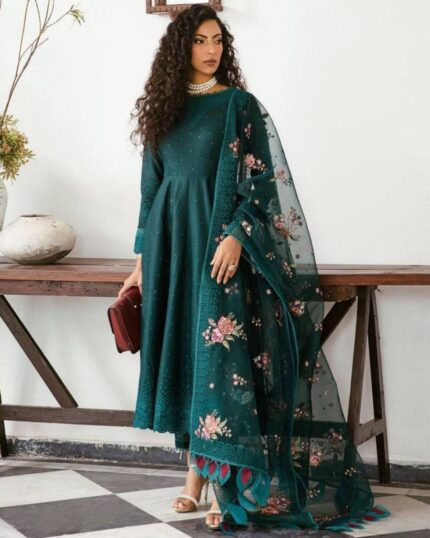 Beautiful Dark Green Faux Georgette Fancy Embroidery Work Anarkali Suit With Dupatta