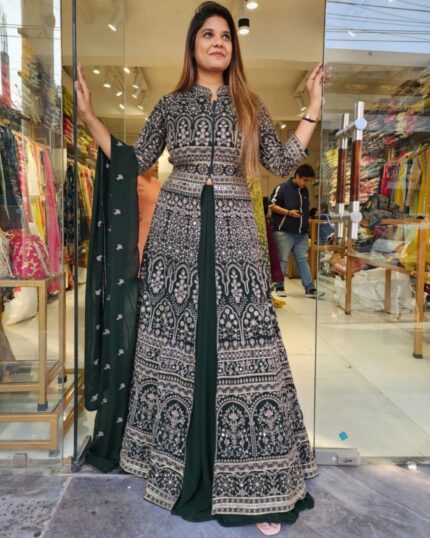 Beautiful Dark Green Heavy Georgette Zari Work Lehenga Choli With Dupatta