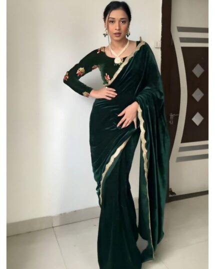 Beautiful Dark Green Velvet Lace Work Saree With Blouse