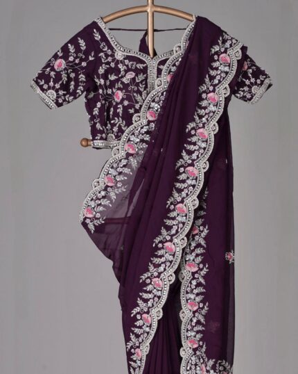 Beautiful Dark Purple Premium Faux Georgette Embroidery Work Saree With Blouse