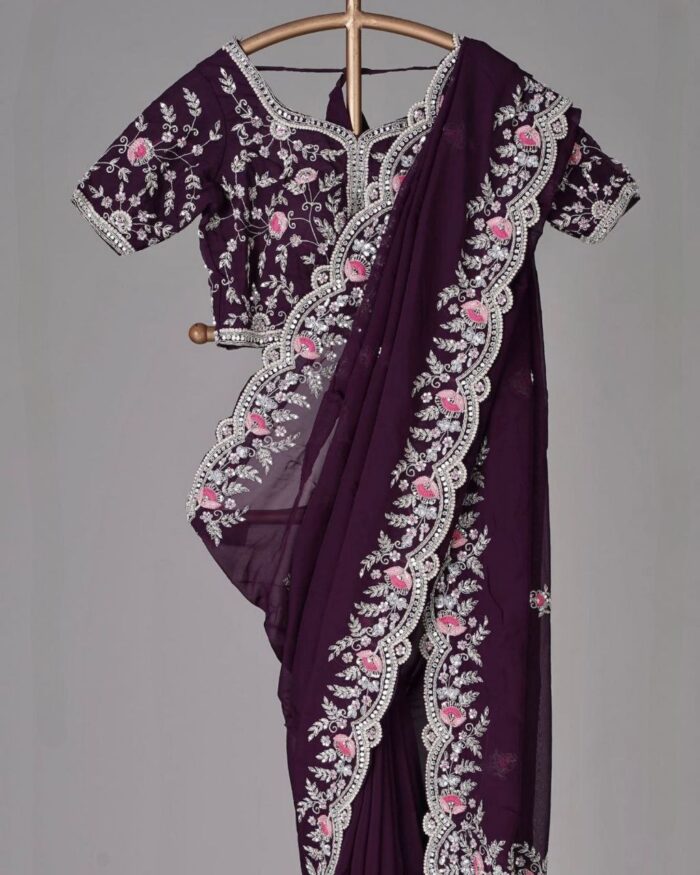 Beautiful Dark Purple Premium Faux Georgette Embroidery Work Saree With Blouse
