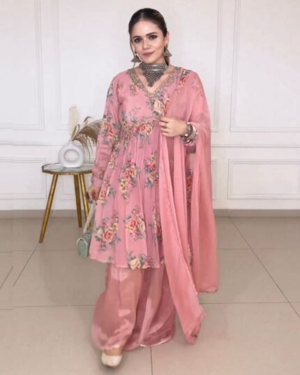 Beautiful Floral Printed Peach French Satin Silk Alia Cut Top-Palazo With Dupatta