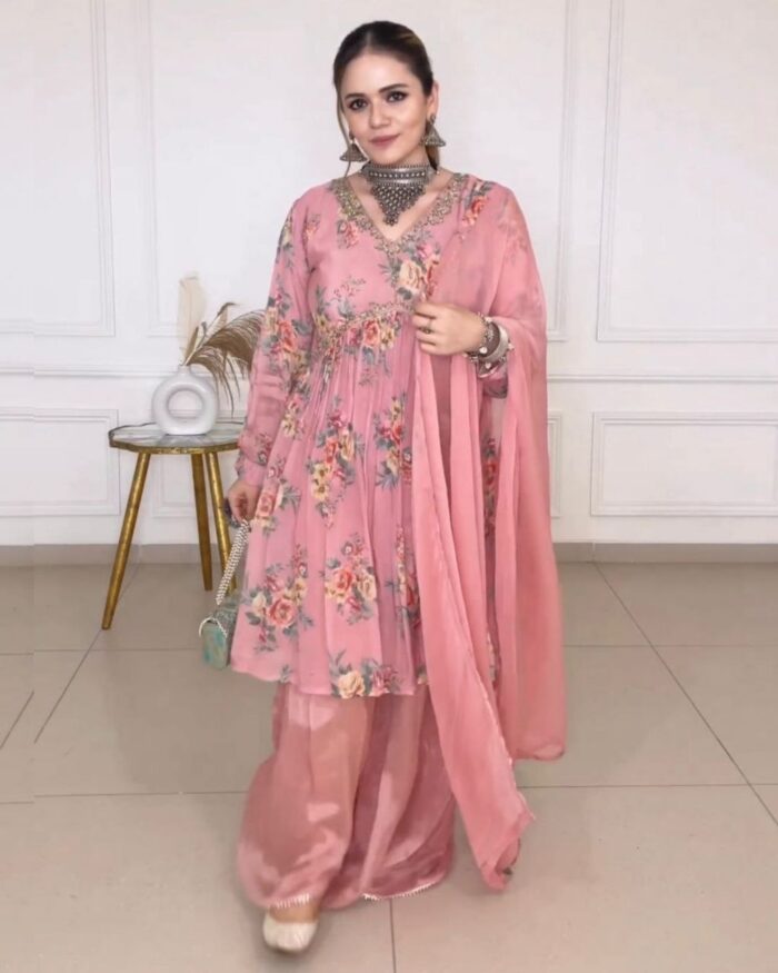 Beautiful Floral Printed Peach French Satin Silk Alia Cut Top-Palazo With Dupatta