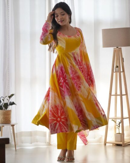Beautiful Floral Printed Yellow Soft Organza Anarkali Suit With Dupatta