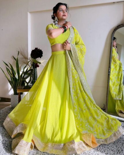 Beautiful Green Faux Georgette Silk With Fancy Sequence Work Lehenga Choli With Dupatta