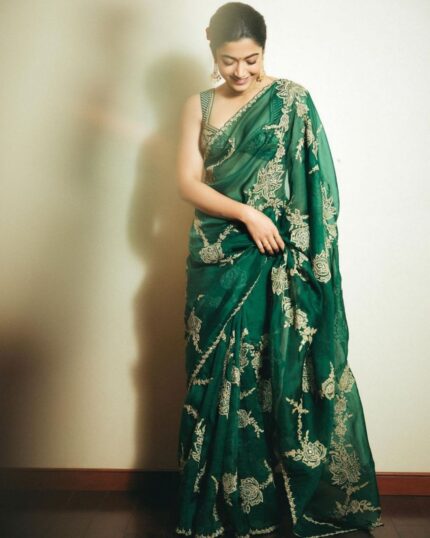 Beautiful Green Organza Silk With Embroidery Thread Work Saree