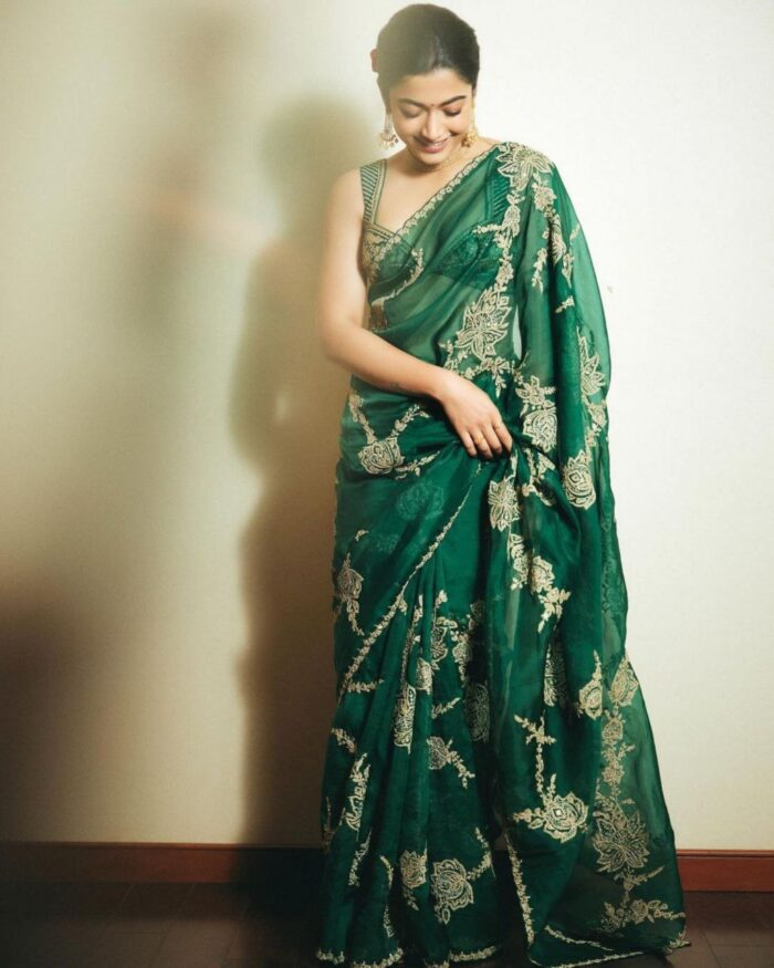 Beautiful Green Organza Silk With Embroidery Thread Work Saree