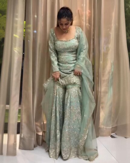 Beautiful Green Pure Georgette With Sequence Work Gharara Suit With Dupatta
