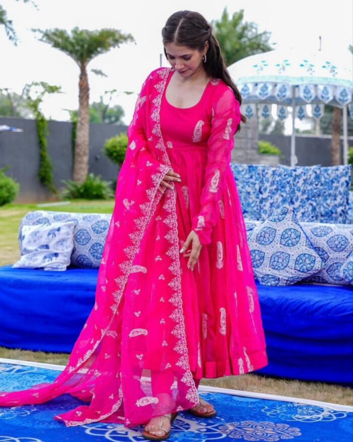 Beautiful Hot Pink Faux Georgette Embroidery Work Anarkali Suit With Dupatta