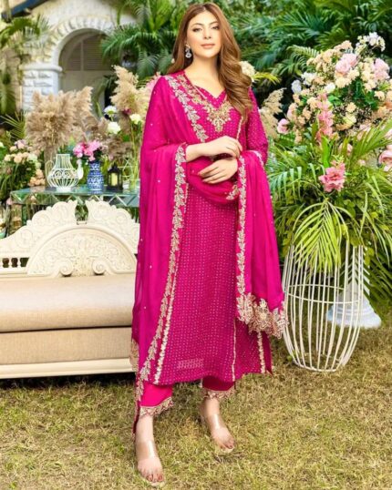 Beautiful Hot Pink Faux Georgette Embroidery Work Pakistani Suit With Dupatta
