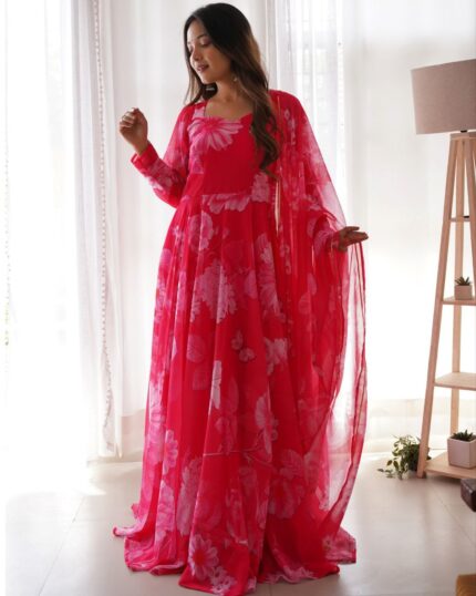 Beautiful Hot Pink Pure Georgette Digital Print Work Anarkali Suit With Dupatta