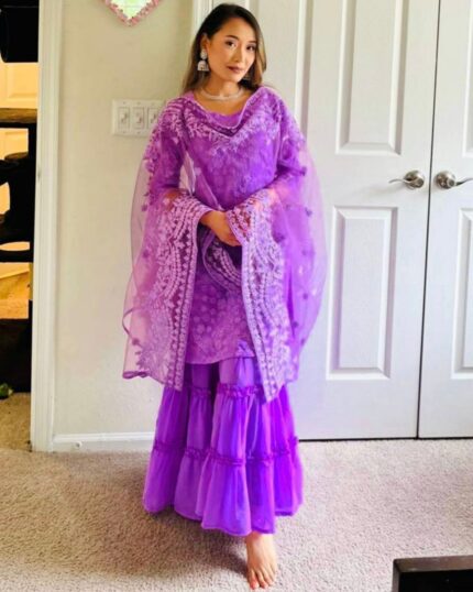 Beautiful Light Purple Pure Georgette Embroidery Work Sharara Suit With Dupatta