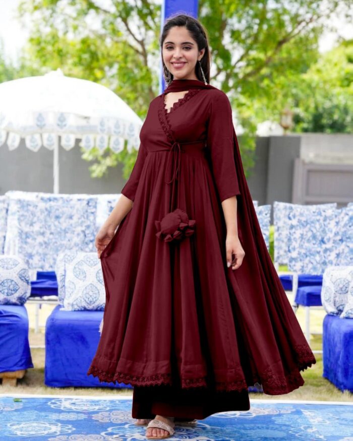 Beautiful Maroon Heavy Georgette Gpo Lace Border Anarkali Suit With Dupatta
