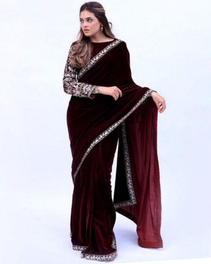 Beautiful Maroon Micro Velvet Embroidery Work Saree With Blouse
