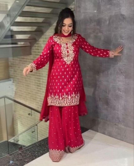 Beautiful Maroon Pure Georgette With Sequence Work Sharara Suit With Dupatta