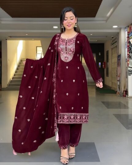 Beautiful Micro Velvet Embroidery Work Pakistani Suit With Dupatta