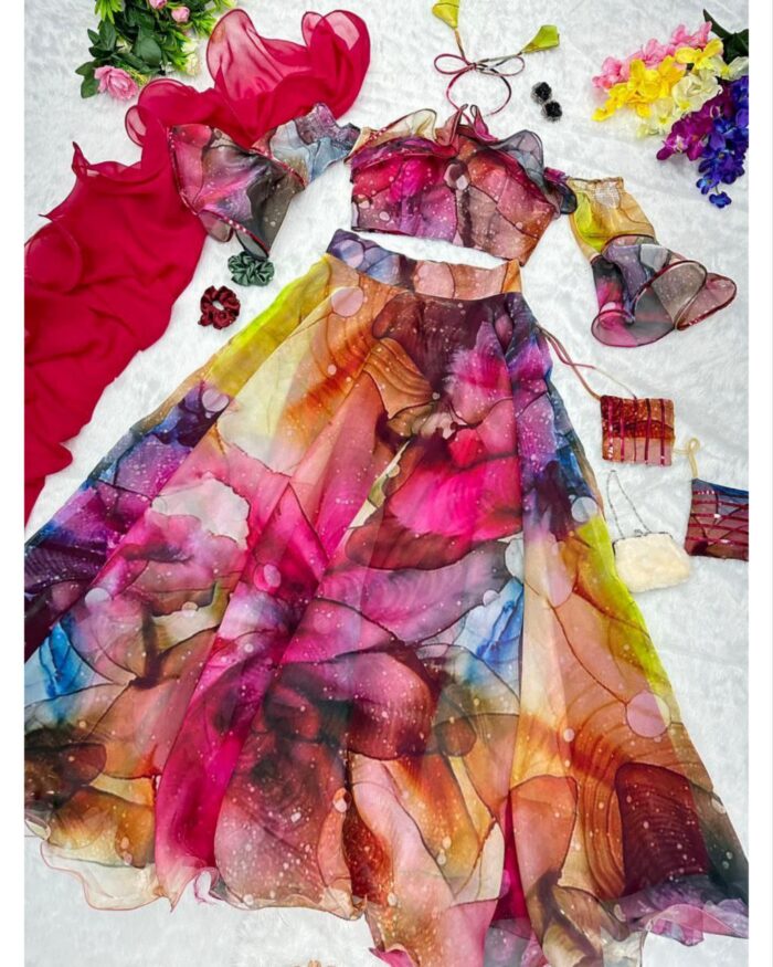 Beautiful Multi Colour Printed Organza Silk Lehenga Choli With Dupatta