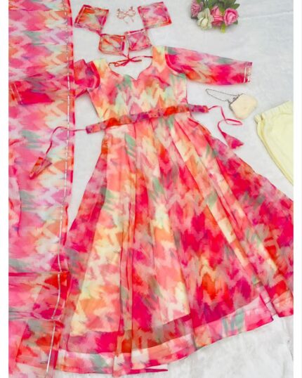 Beautiful Multi Printed Organza Anarkali Suit With Dupatta
