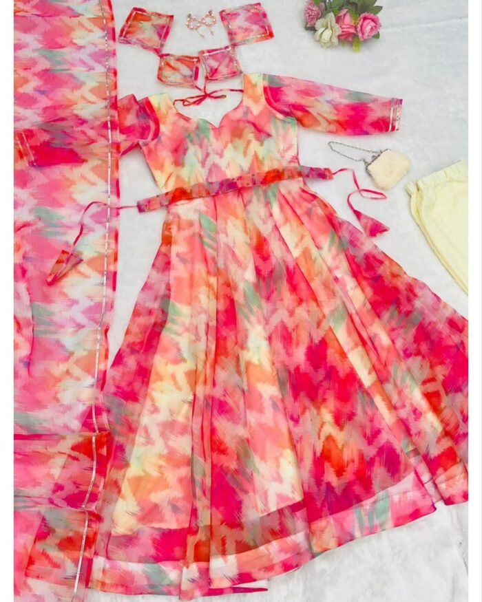 Beautiful Multi Printed Organza Anarkali Suit With Dupatta