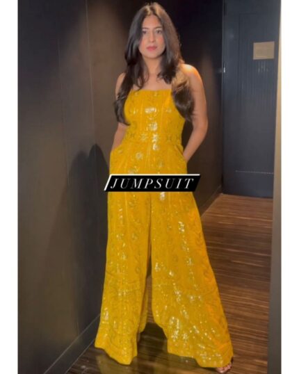 Beautiful Mustard Yellow Pure Georgette Embroidery Work Jumpsuit