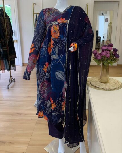 Beautiful Neavy Blue Faux Georgette Hand Work Salwar Suit With Dupatta
