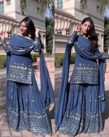Beautiful Neavy Blue Faux Georgette Sequence Work Pakistani Suit With Dupatta