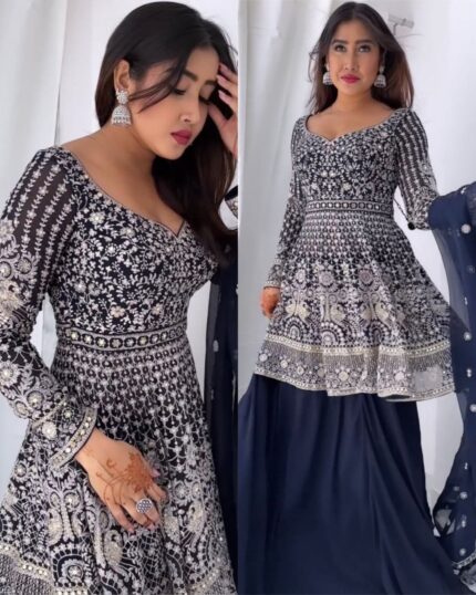 Beautiful Neavy Blue Pure Georgette Embroidery Work Lehenga Choli With Dupatta