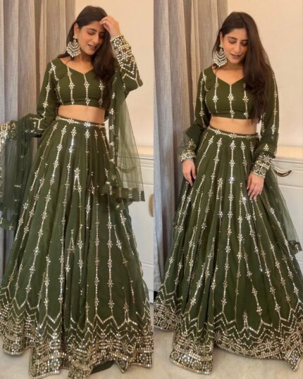 Beautiful Olive Green Faux Georgette Sequence Work Lehenga Choli With Dupatta