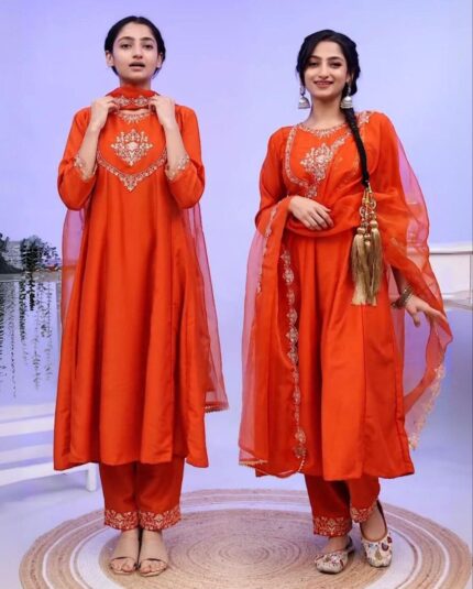 Beautiful Orange Pure Georgette With Sequence Work Salwar Suit With Dupatta