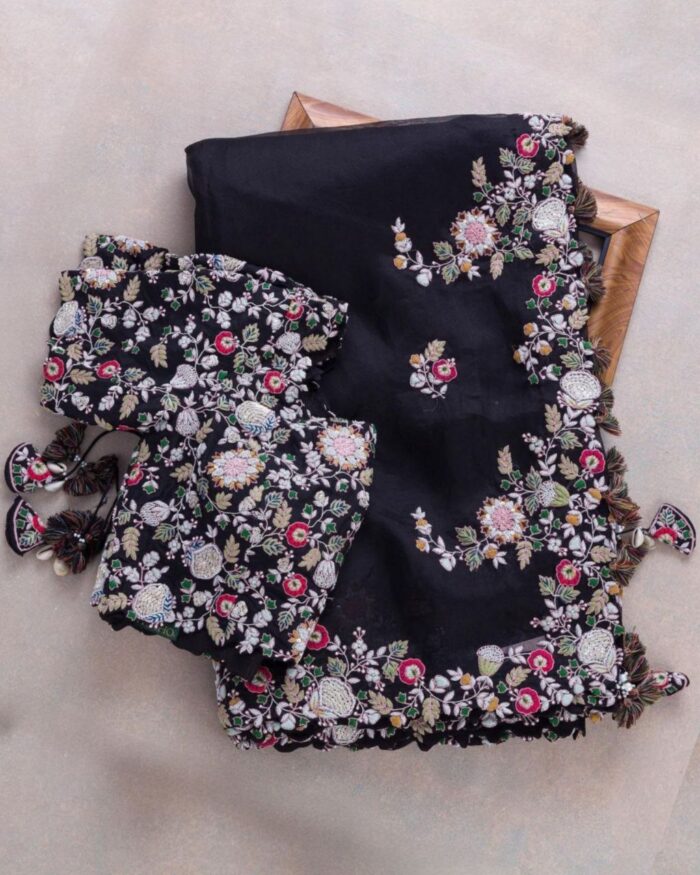 Beautiful Party Wear Saree Organza Silk With Embroidery Work