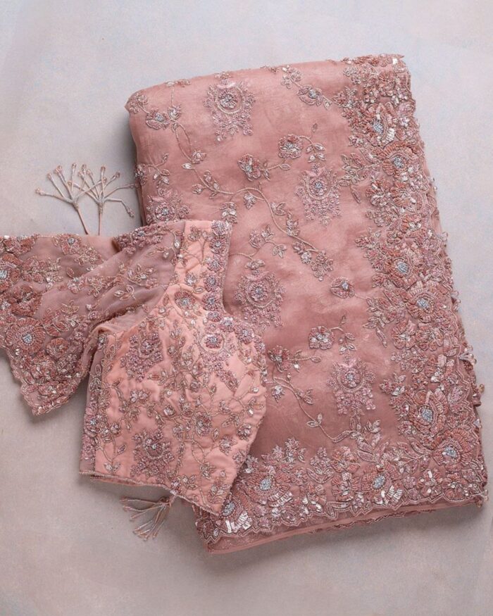 Beautiful Peach Organza Silk Embroidery Work Saree With Blouse