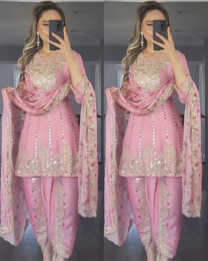 Beautiful Pink Faux Georgette Heavy Embroidery Work Tulip Suit With Dupatta