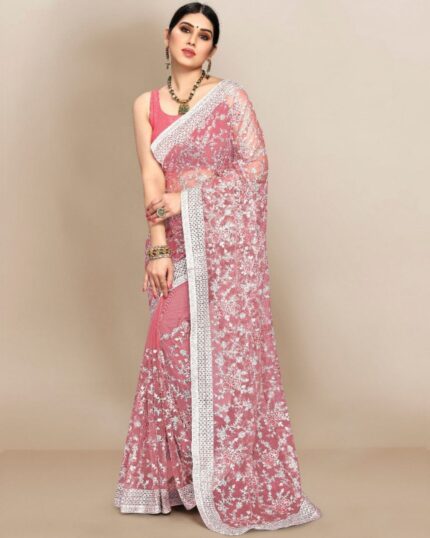 Beautiful Pink Peach Soft Butterfly Net Embroidery Work Saree With Blouse