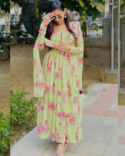 Beautiful Pista Georgette Silk Digital Print Anarkali Suit With Dupatta