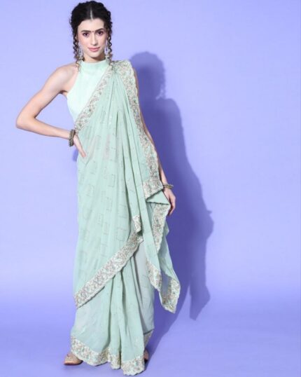 Beautiful Pista Green Georgette Sequence Work Saree With Blouse